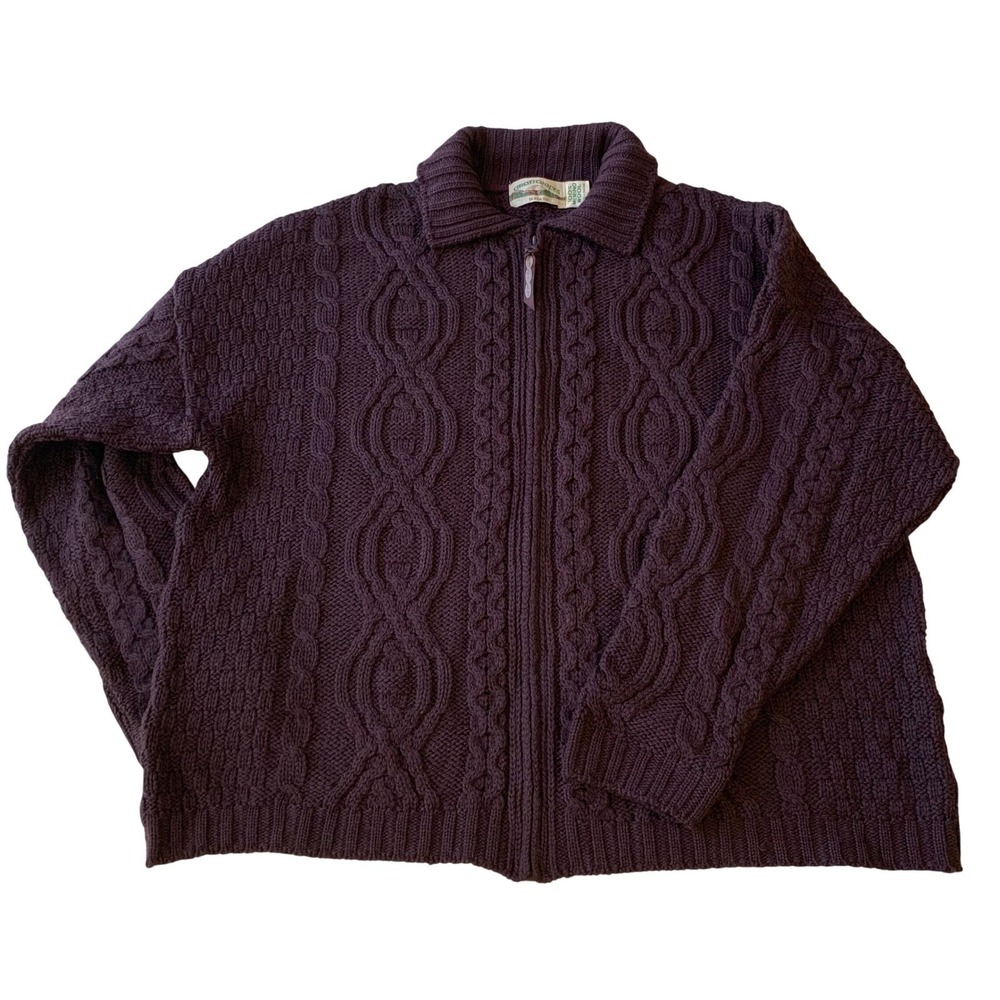 Aran Crafts Ireland 100% Merino Wool Cable Knit Zip Cardigan Sweater XXL Plum